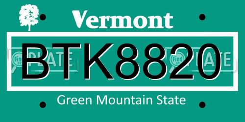 BTK8820 Vermont License Plate