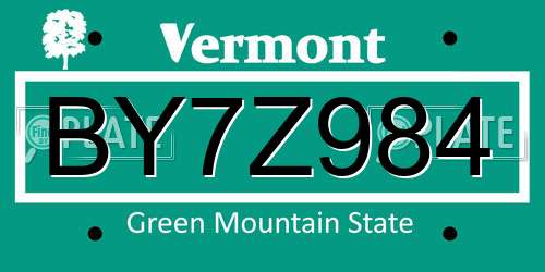 BY7Z984 Vermont License Plate