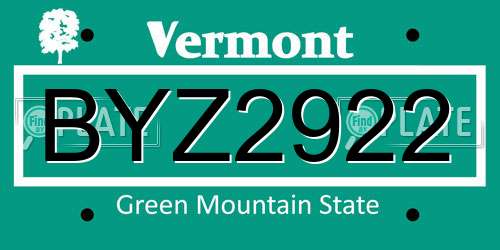 BYZ2922 Vermont License Plate