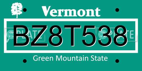 BZ8T538 Vermont License Plate