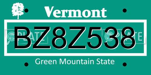 BZ8Z538 Vermont License Plate