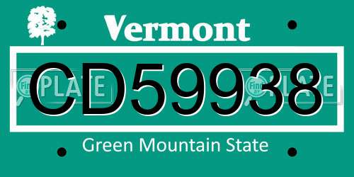CD59938 Vermont License Plate