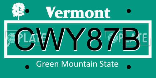 CWY87B Vermont License Plate