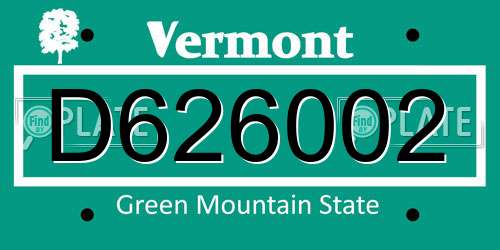 D626002 Vermont License Plate