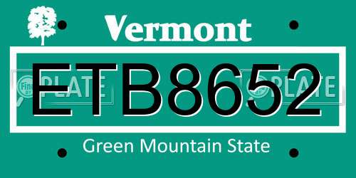 ETB8652 Vermont License Plate