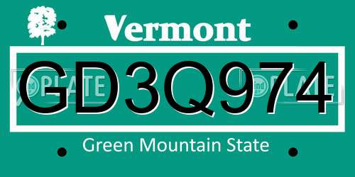GD3Q974 Vermont License Plate
