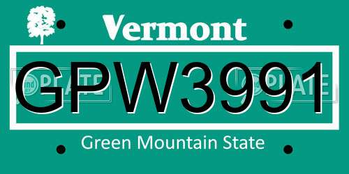 GPW3991 Vermont License Plate