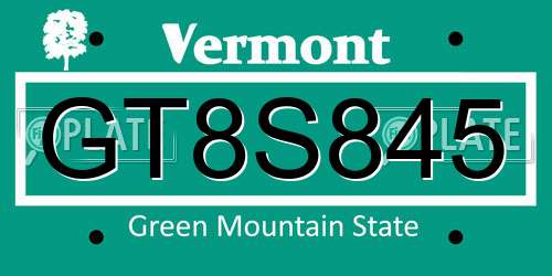 GT8S845 Vermont License Plate