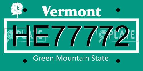 HE77772 Vermont License Plate