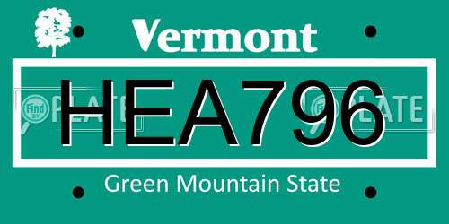 HEA796 Vermont License Plate