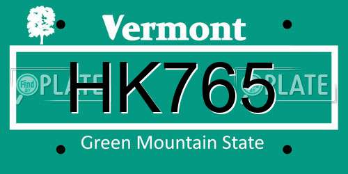 HK765 Vermont License Plate