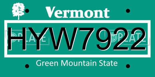 HYW7922 Vermont License Plate