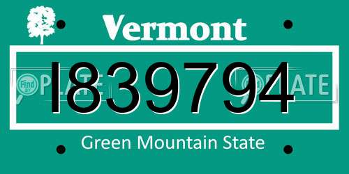 I839794 Vermont License Plate