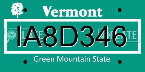 IA8D346 Vermont License Plate