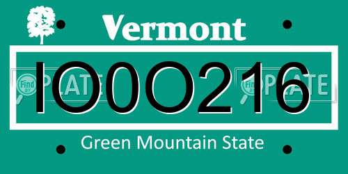 IO0O216 Vermont License Plate