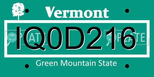 IQ0D216 Vermont License Plate