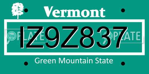 IZ9Z837 Vermont License Plate
