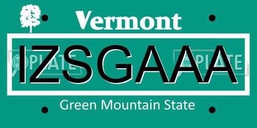 IZSGAAA Vermont License Plate