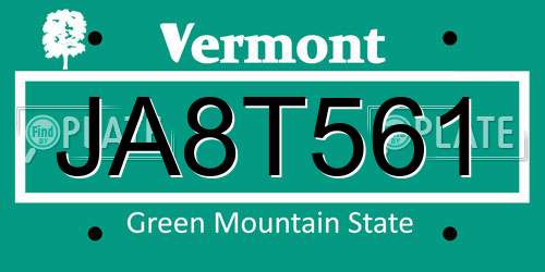 JA8T561 Vermont License Plate