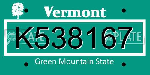 K538167 Vermont License Plate