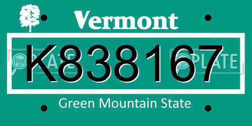 K838167 Vermont License Plate