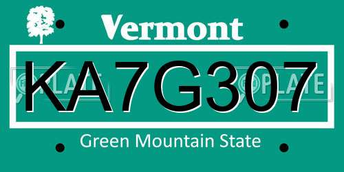 KA7G307 Vermont License Plate