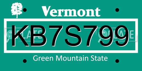 KB7S799 Vermont License Plate