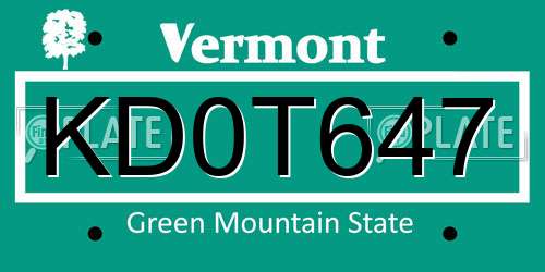 KD0T647 Vermont License Plate