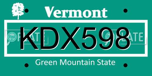 KDX598 Vermont License Plate
