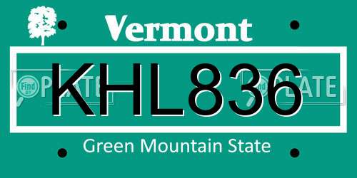 KHL836 Vermont License Plate