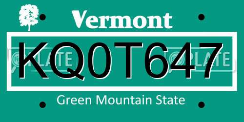KQ0T647 Vermont License Plate