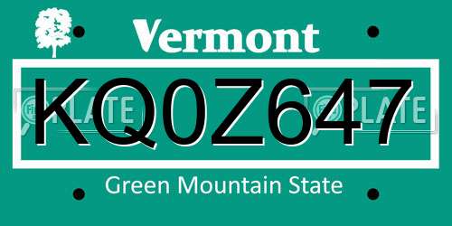 KQ0Z647 Vermont License Plate