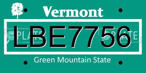 LBE7756 Vermont License Plate