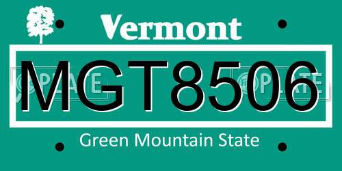 MGT8506 Vermont License Plate