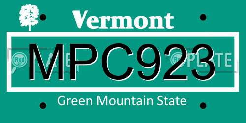 MPC923 Vermont License Plate