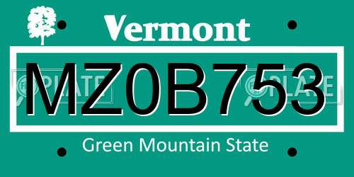 MZ0B753 Vermont License Plate