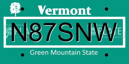 N87SNW Vermont License Plate