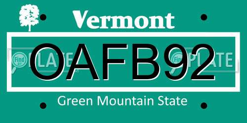 OAFB92 Vermont License Plate