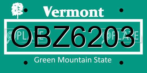 OBZ6203 Vermont License Plate