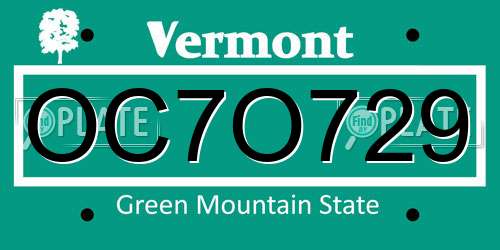 OC7O729 Vermont License Plate