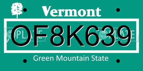 OF8K639 Vermont License Plate