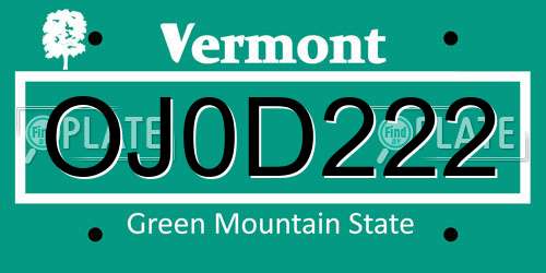 OJ0D222 Vermont License Plate