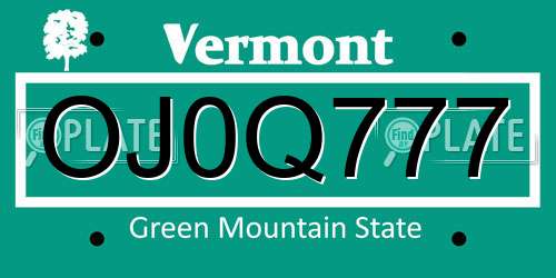 OJ0Q777 Vermont License Plate