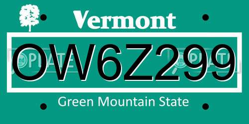 OW6Z299 Vermont License Plate