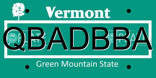 QBADBBA Vermont License Plate