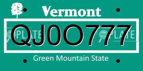 QJ0O777 Vermont License Plate