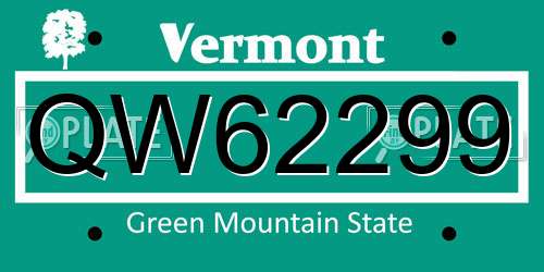 QW62299 Vermont License Plate