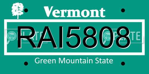 RAI5808 Vermont License Plate