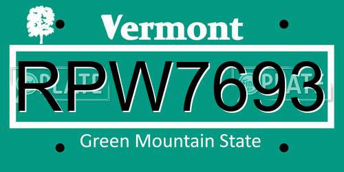 RPW7693 Vermont License Plate