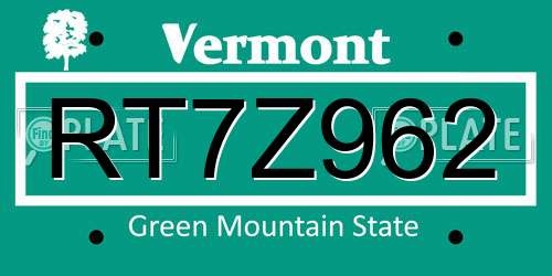 RT7Z962 Vermont License Plate